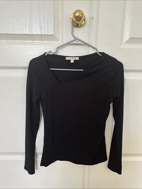 Express Black Ribbed Asymmetrical Long-Sleeve Top